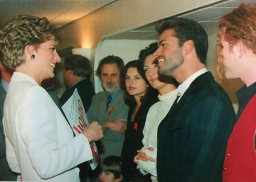 Diana chatting with star performers and NAT staff at the Concert for Hope, organised by NAT for World AIDS Day in 1993